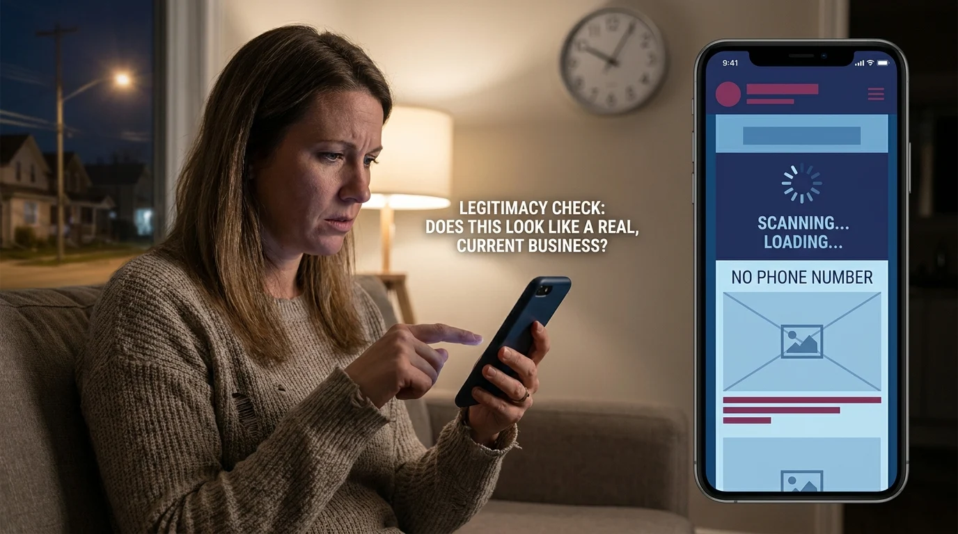 Woman frowning at her phone as a slow, incomplete website loads, overlay reads: Legitimacy Check: Does This Look Like a Real, Current Business?