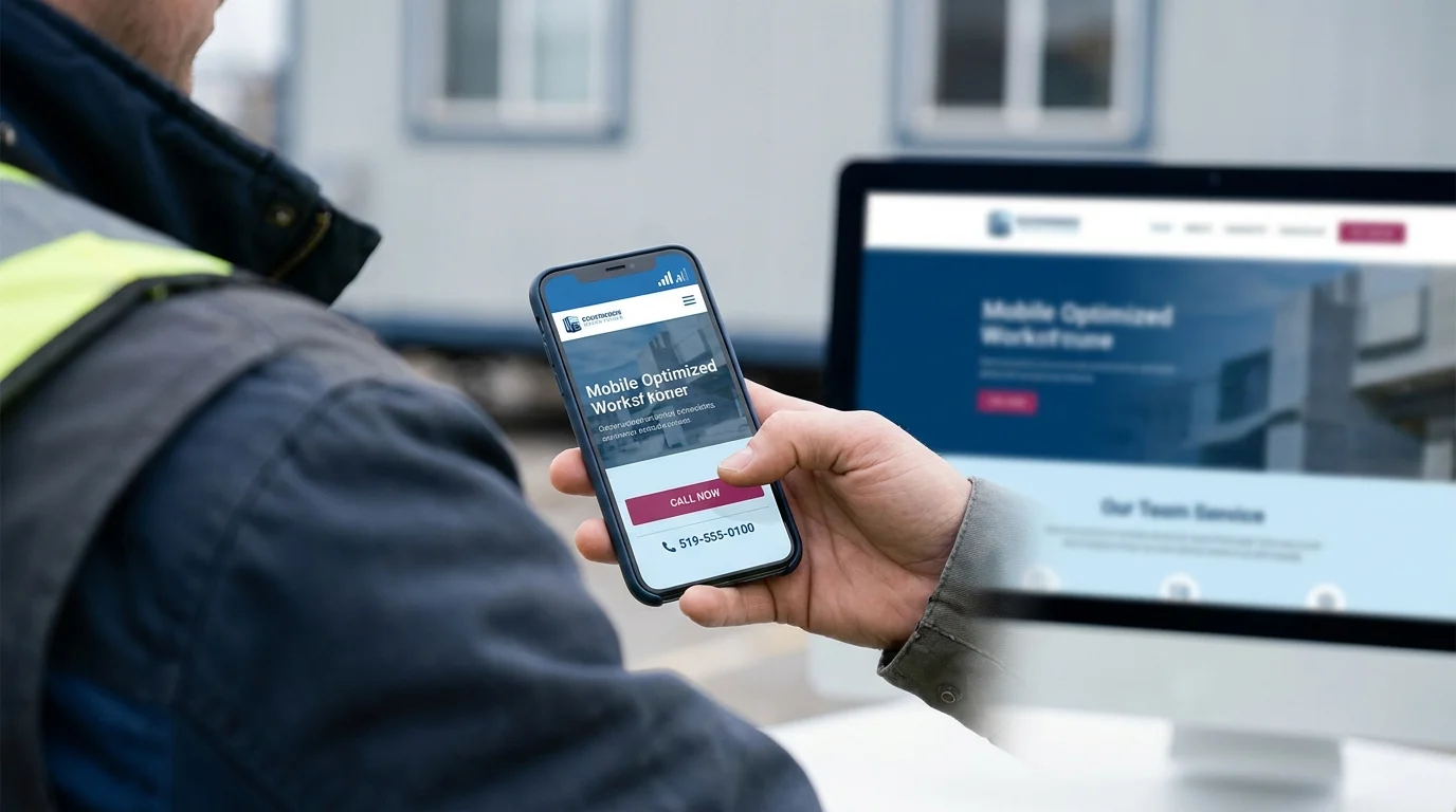 A tradesperson holding a smartphone displaying a mobile-optimized homepage with a Call Now button and local phone number, beside a desktop version of the same site