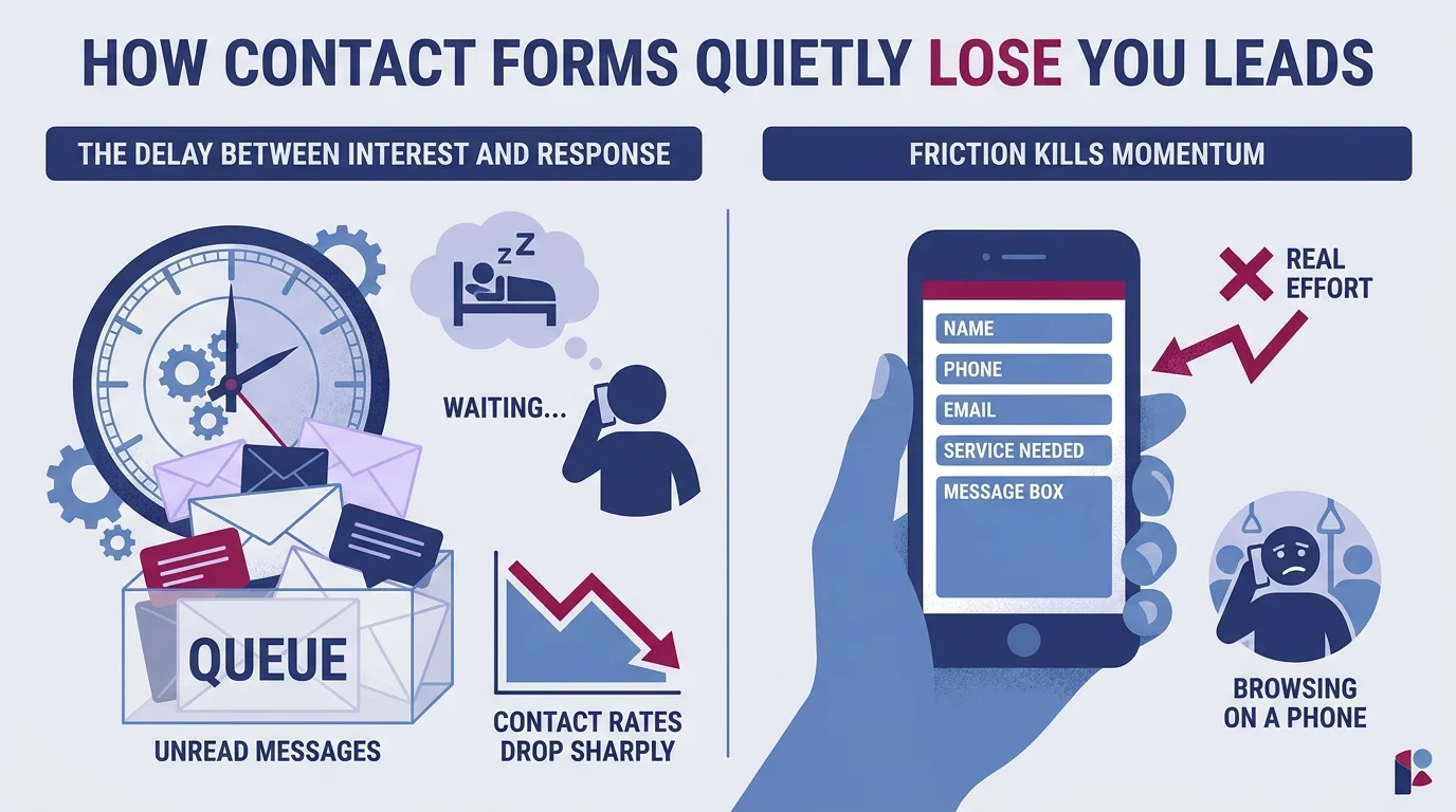 Infographic showing how contact forms lose leads: response delays cause unread messages and dropping contact rates, while multi-field forms create friction, especially on mobile