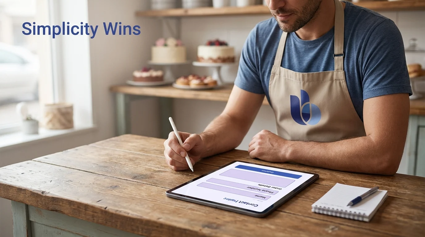 Bakery owner filling out a simple contact form on a tablet, illustrating how simplicity wins for lead capture