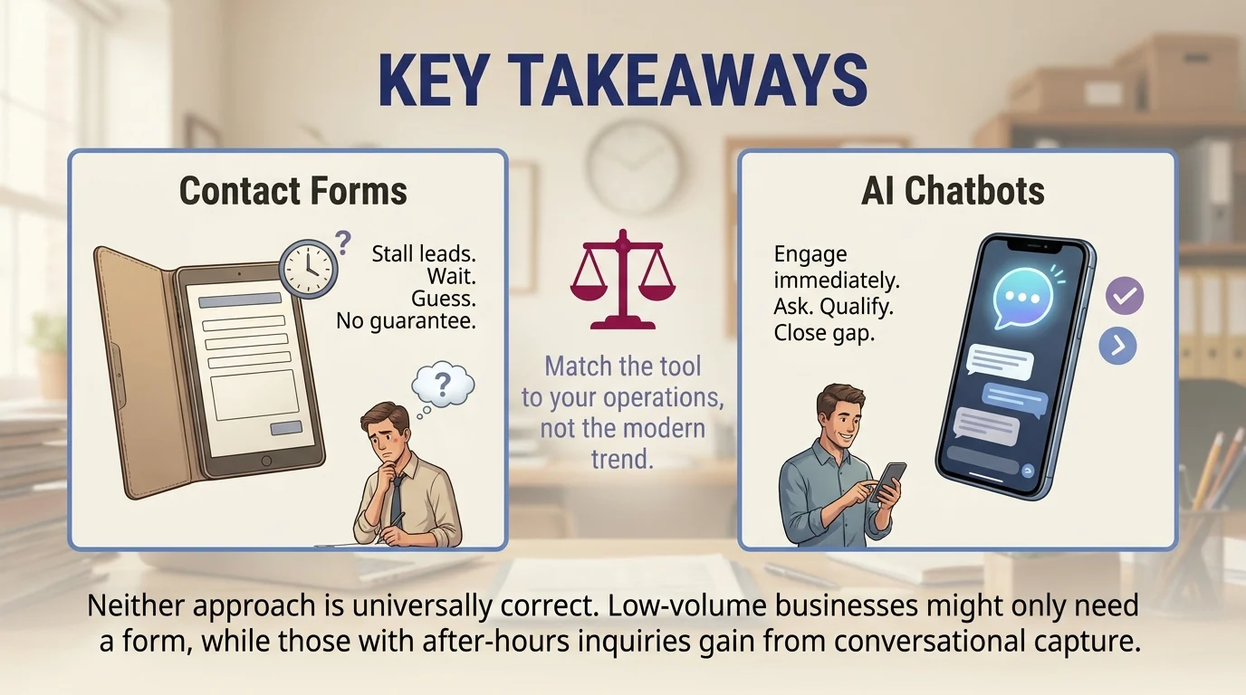 Key Takeaways infographic: Contact Forms stall leads and require waiting and guessing; AI Chatbots engage immediately, ask, qualify, and close the gap. Match the tool to your operations, not the modern trend. Neither approach is universally correct, low-volume businesses may only need a form, while those with after-hours inquiries benefit from conversational capture
