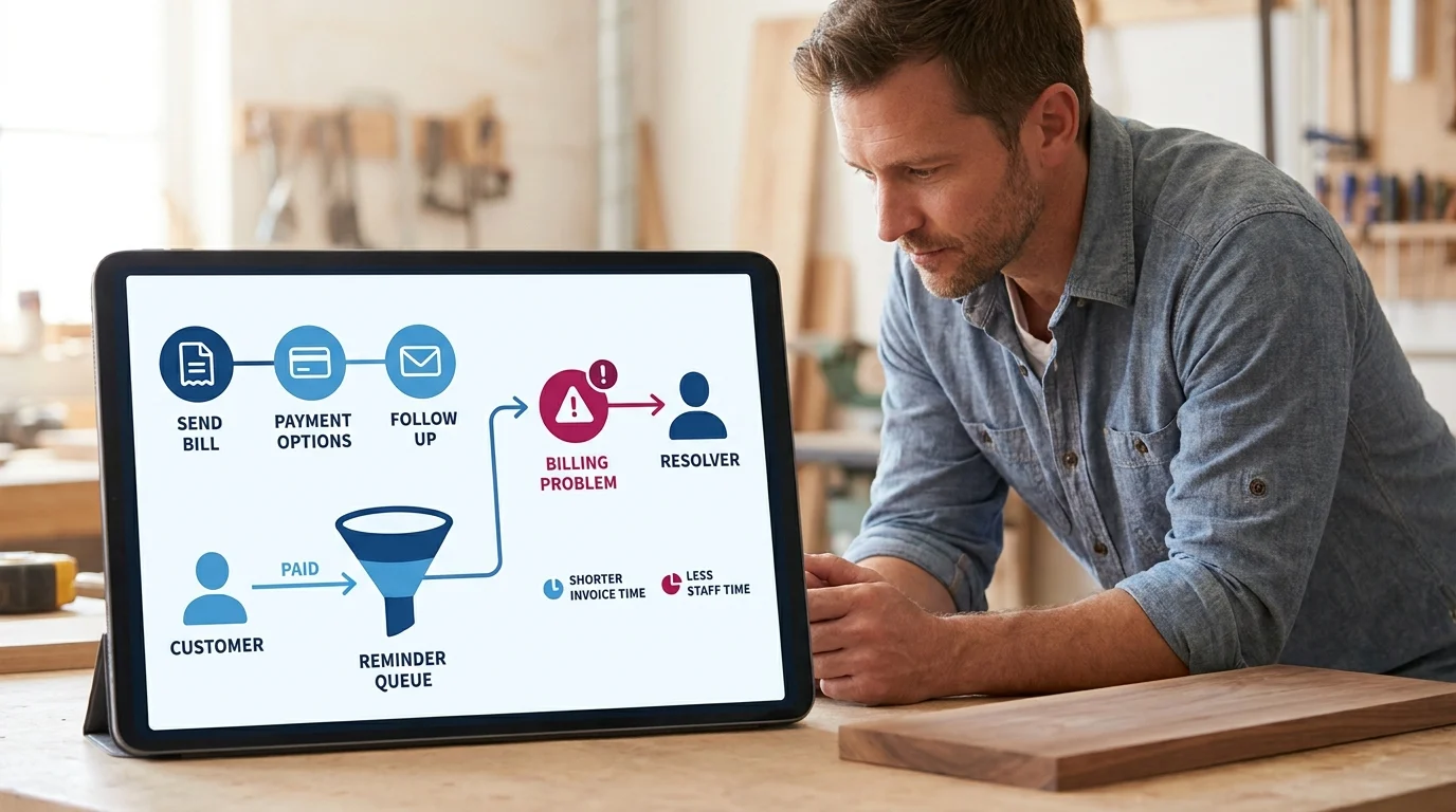 Diagram on tablet showing automated invoicing flow: send bill, payment options, follow up, reminder queue, billing problem resolution, resulting in shorter invoice time and less staff time