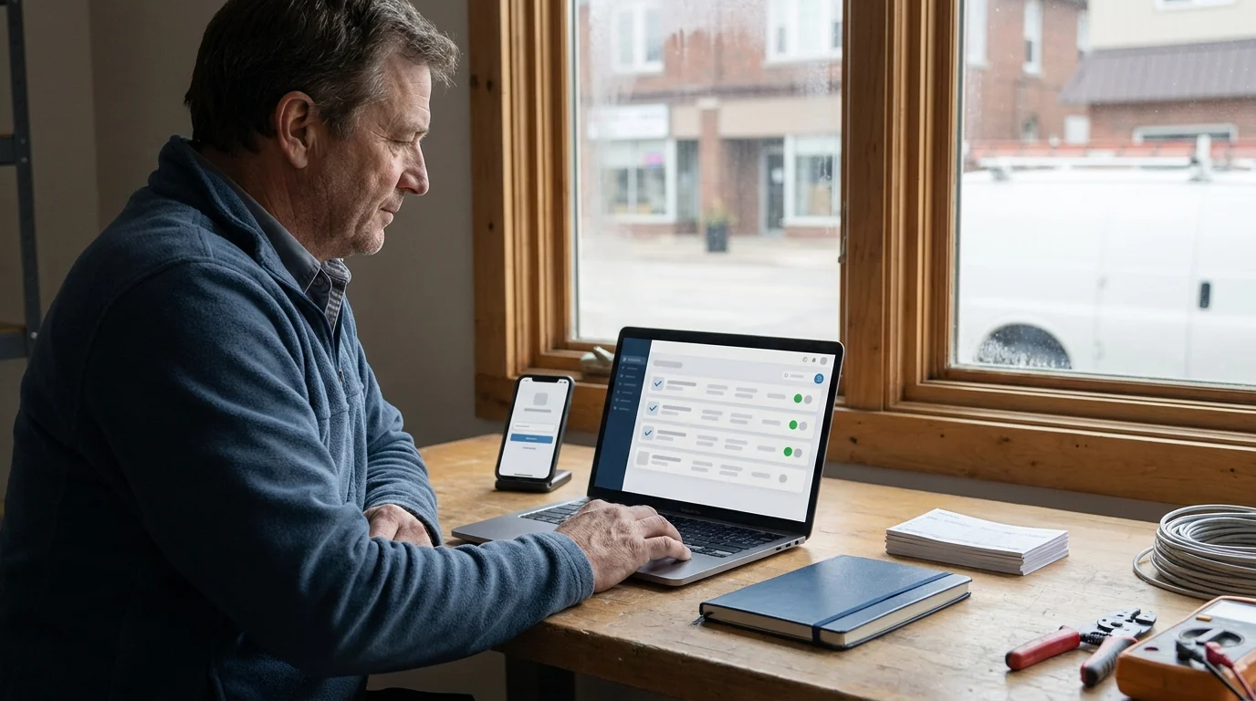 Contractor viewing a laptop showing paid invoices with green checkmarks, near a workbench with tools