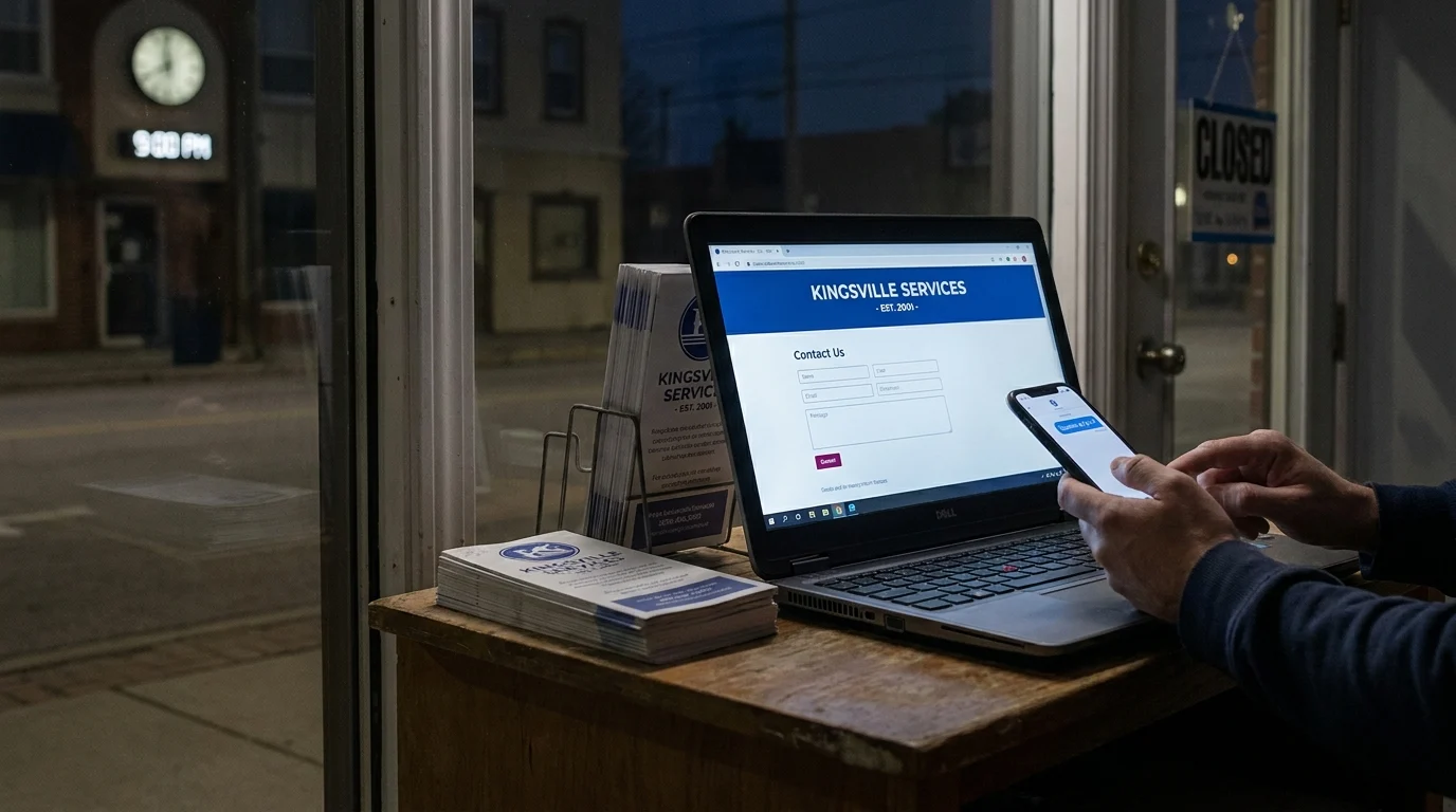 A closed storefront at 9 PM with a laptop showing a static brochure website contact form, beside printed brochures, while a customer uses a smartphone