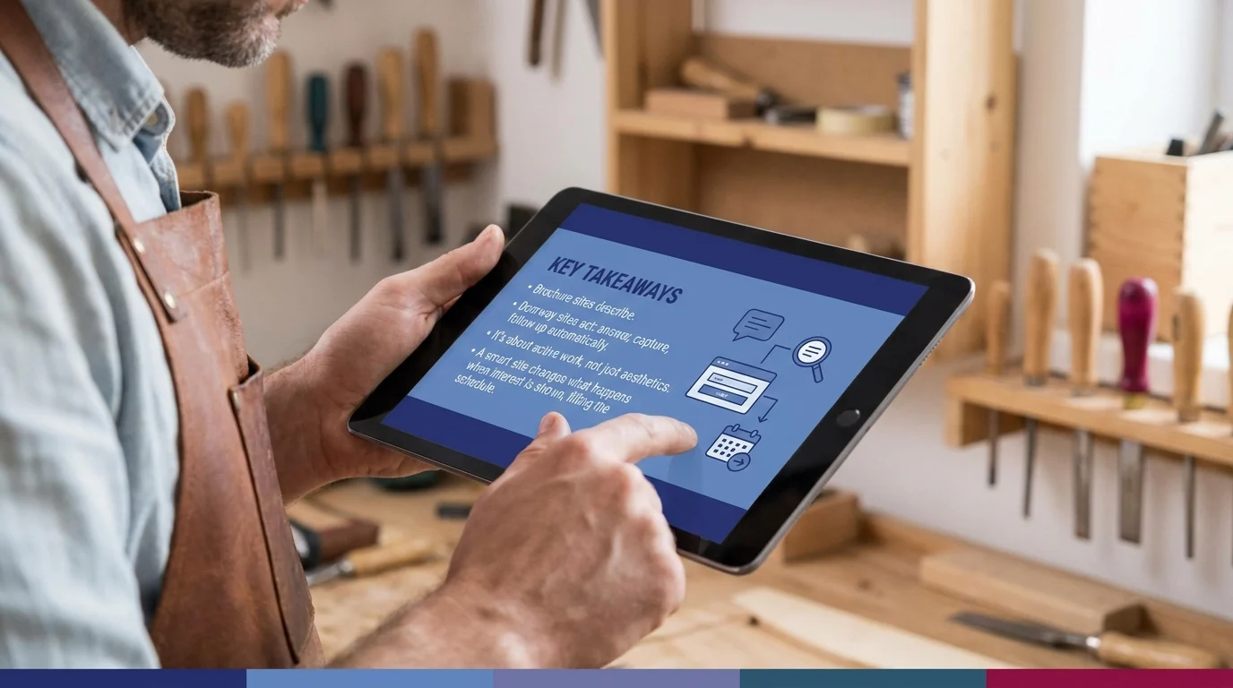 A craftsman in a workshop reads a tablet displaying Key Takeaways: brochure sites describe; doorway sites act, answer, capture, follow up automatically; it's about active work, not just aesthetics; a smart site changes what happens when interest is shown, filling the schedule