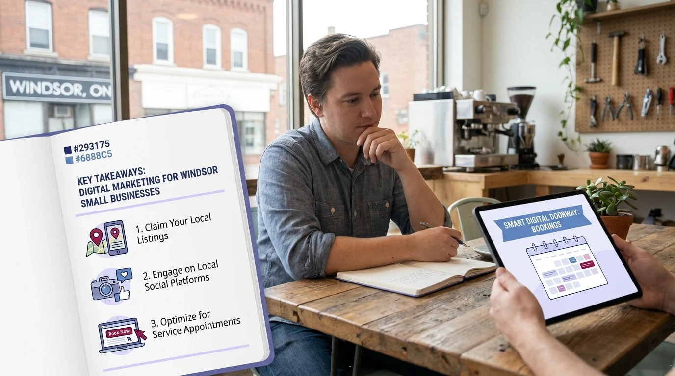 Key Takeaways: Digital Marketing for Windsor Small Businesses — 1. Claim Your Local Listings, 2. Engage on Local Social Platforms, 3. Optimize for Service Appointments
