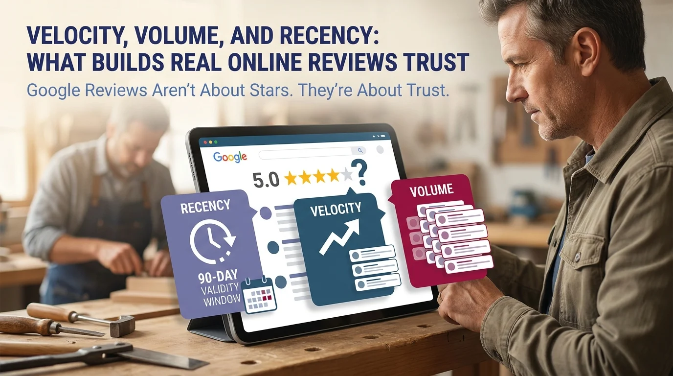 A tablet showing Google reviews alongside three key trust factors: Recency (90-day validity window), Velocity, and Volume