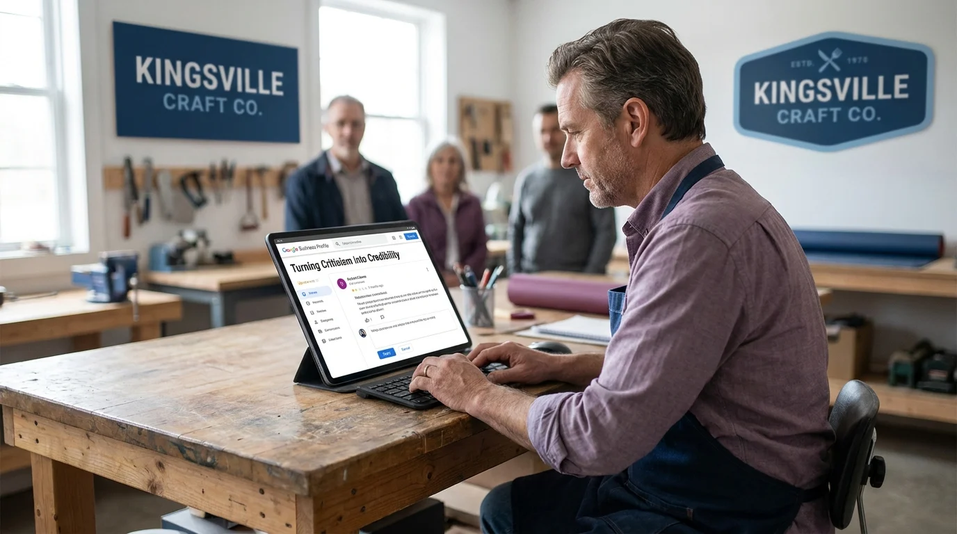 Craftsman responding to Google Business Profile reviews on a tablet in a workshop with colleagues nearby