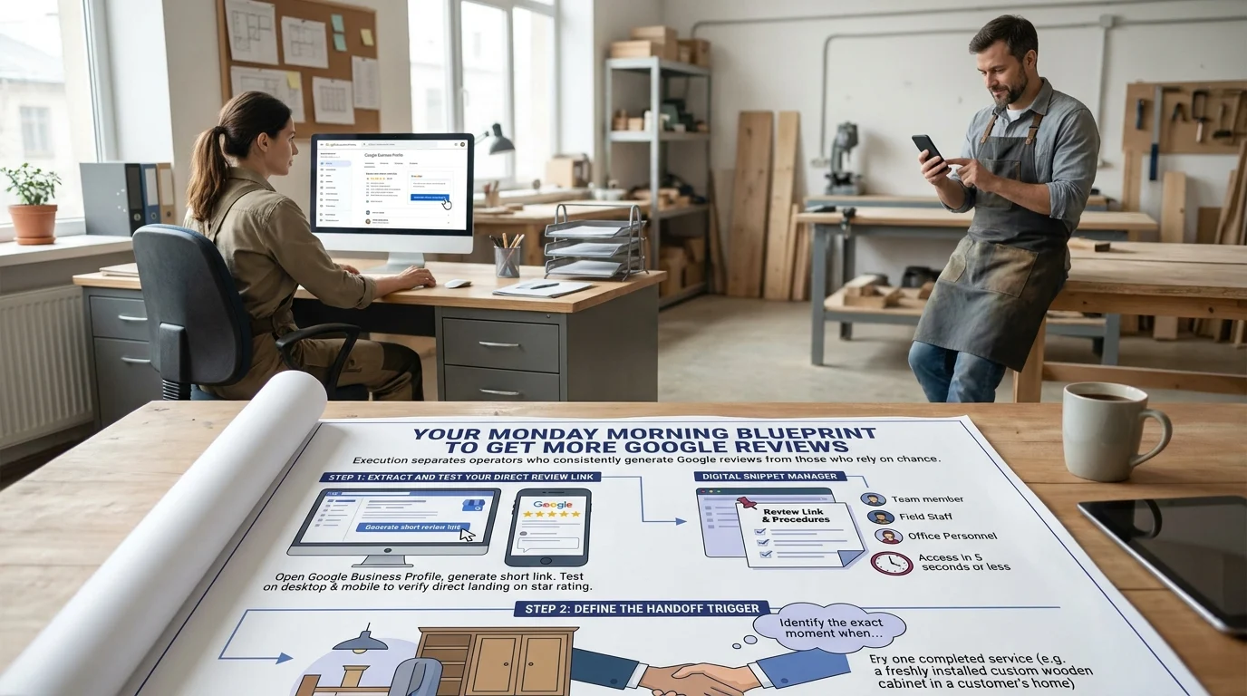 A woman working at a computer and a man using a smartphone in a workshop alongside a blueprint for getting Google reviews