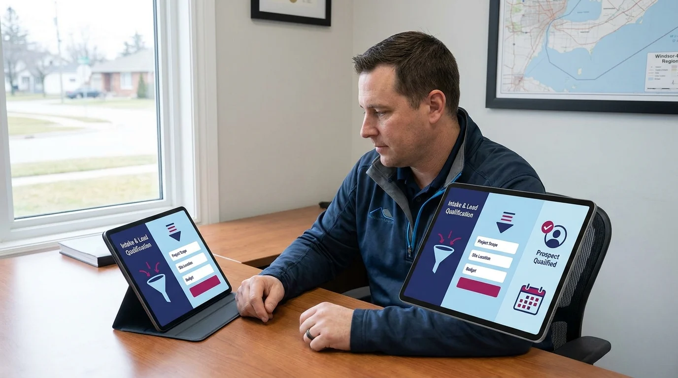 Business owner reviewing an Intake and Lead Qualification system on two tablets, showing project scope, location, and budget fields leading to a qualified prospect