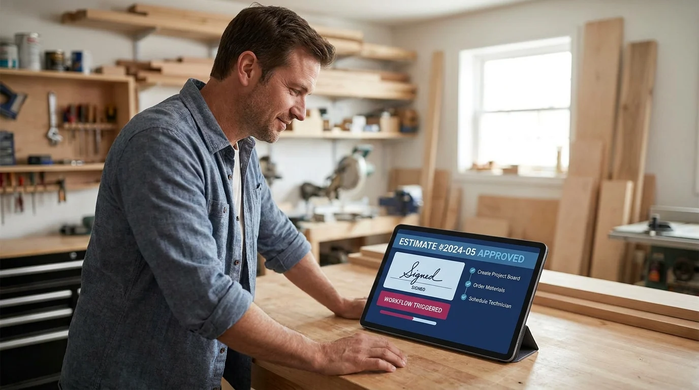 Woodshop owner viewing tablet showing approved estimate signature triggering automated workflow: project board, materials, scheduling