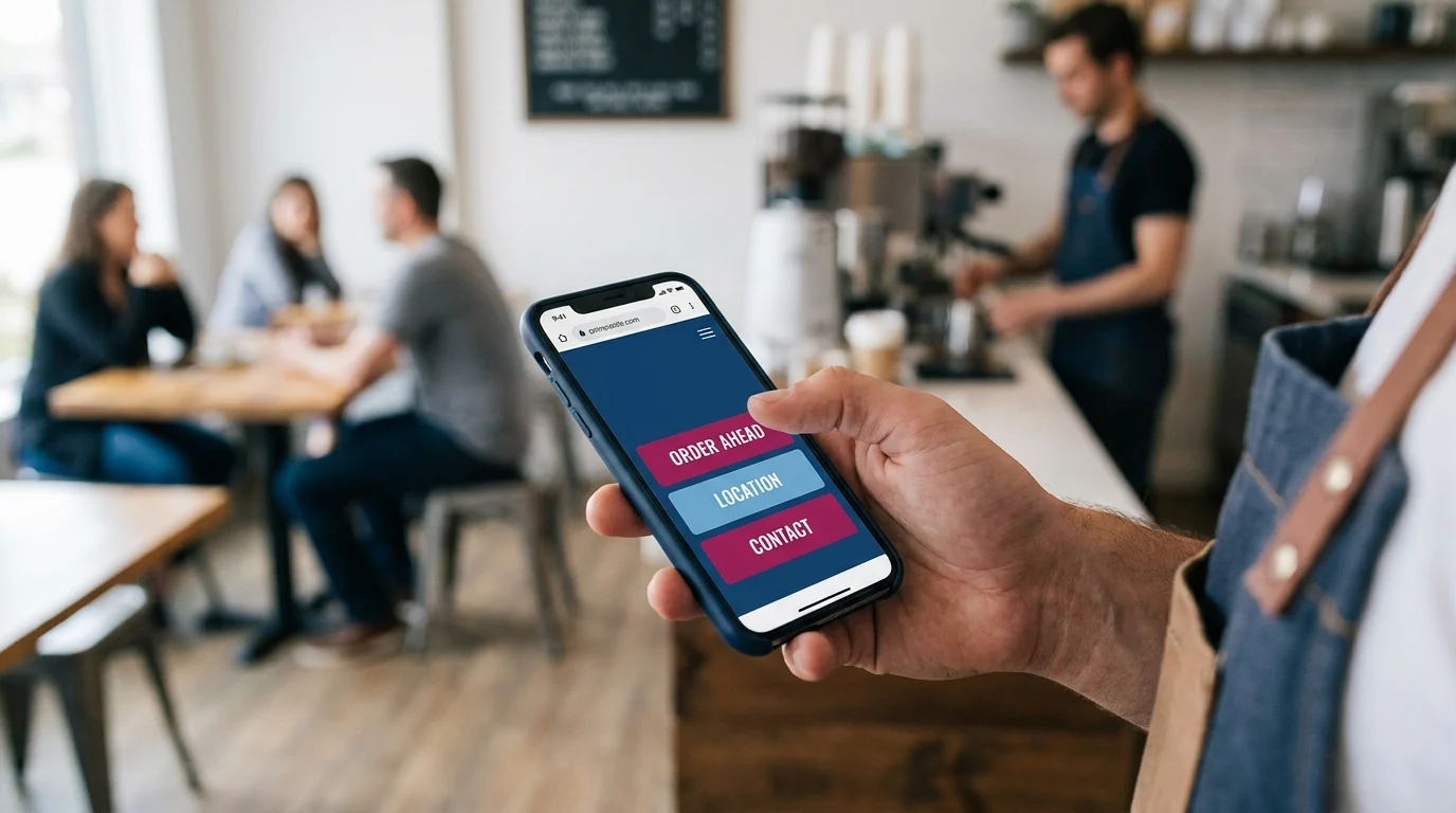 Person in a cafe viewing a mobile-friendly website with clear Order Ahead, Location, and Contact buttons