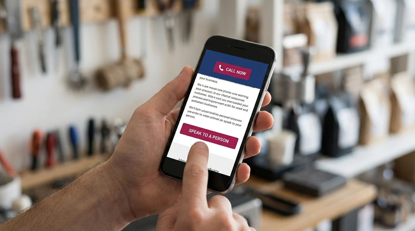 Hands holding a phone, tapping “Speak to a Person” on a website with a “Call Now” click-to-call button