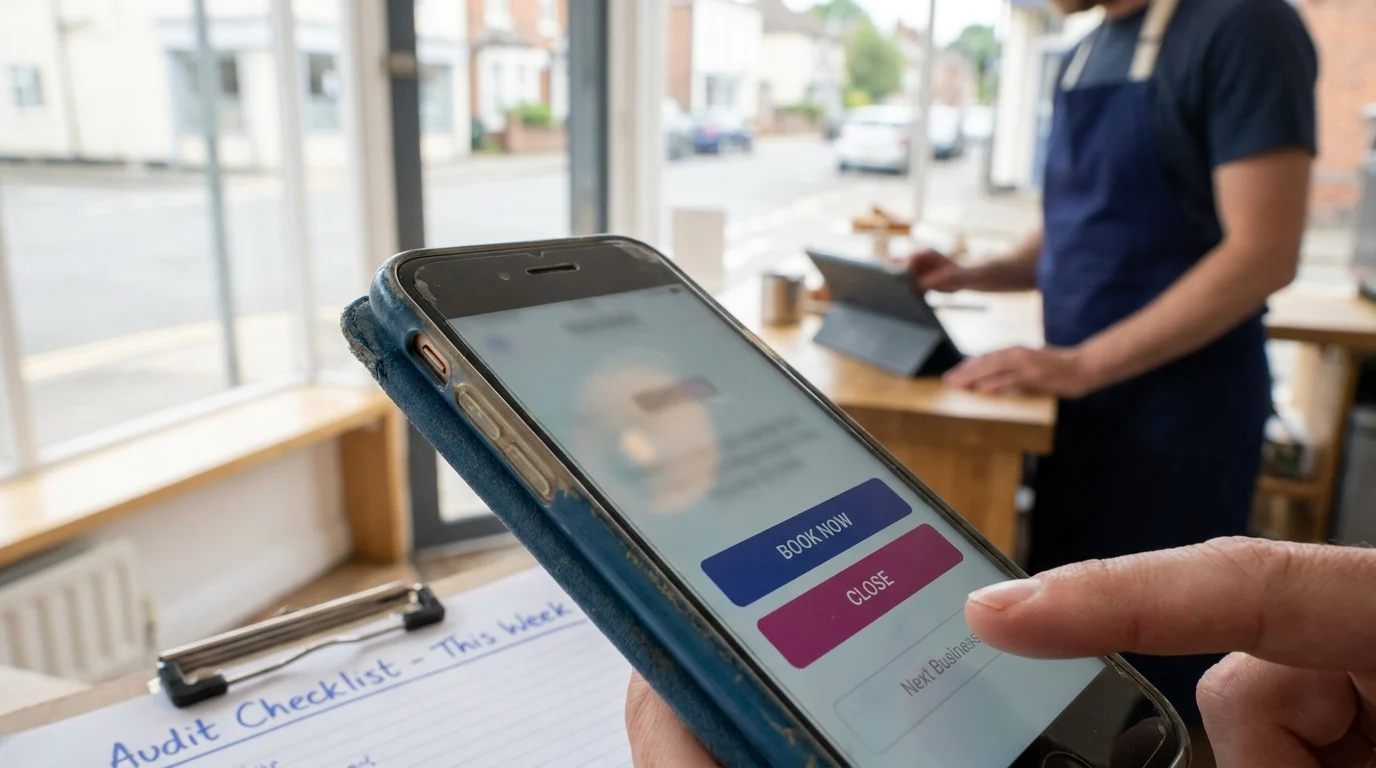 Customer tapping “Book Now” on a smartphone in a shop, with staff working in the background