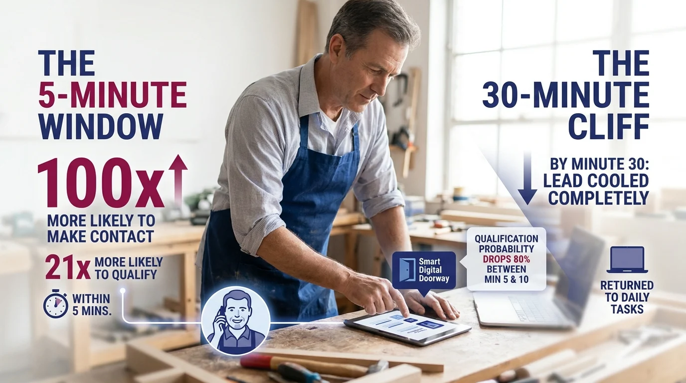 Lead response data: Within 5 minutes, you are 100x more likely to make contact and 21x to qualify. Qualification drops 80% between minutes 5 and 10, and leads cool completely by minute 30