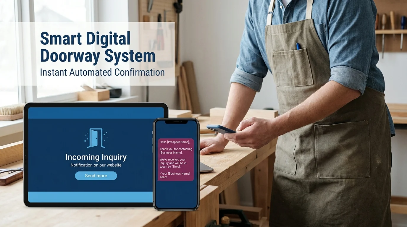 Smart Digital Doorway System showing an incoming website inquiry on a tablet and an automated SMS confirmation on a phone
