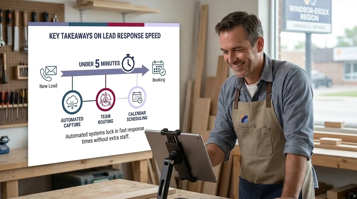 Lead response process showing automated capture, team routing, and calendar scheduling enabling bookings in under 5 minutes