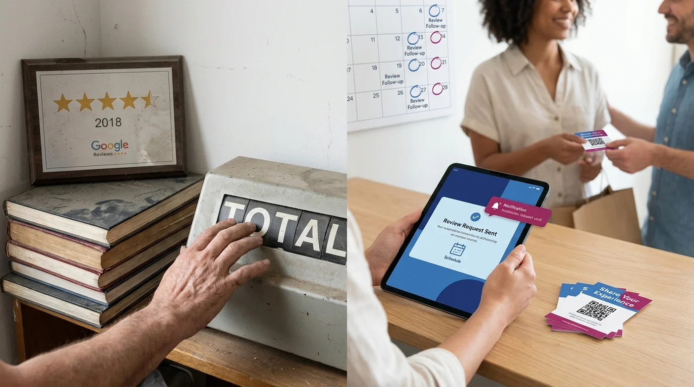 Split image: an old Google Reviews plaque and total counter contrasted with a business sending automated review requests and QR code cards to a customer