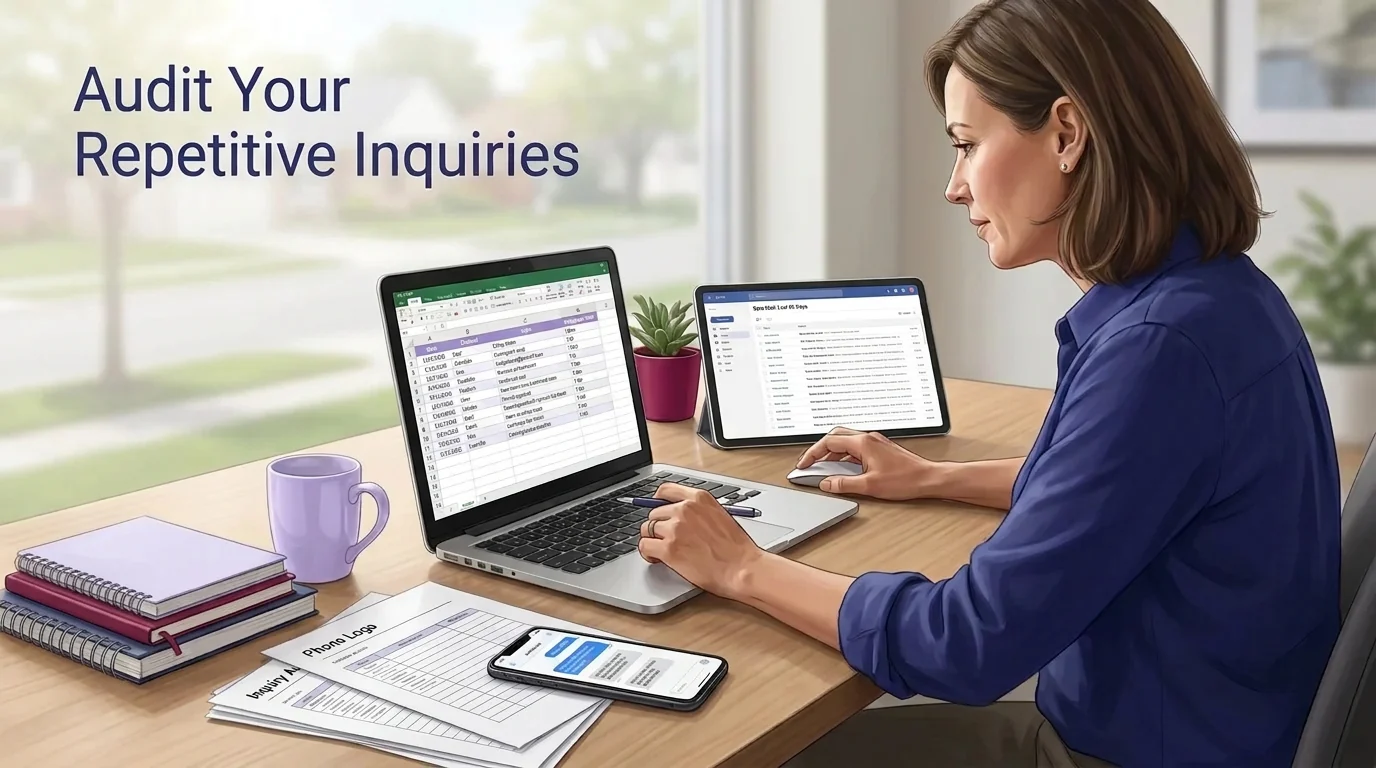 A woman reviewing customer inquiry data on a laptop, tablet, and smartphone