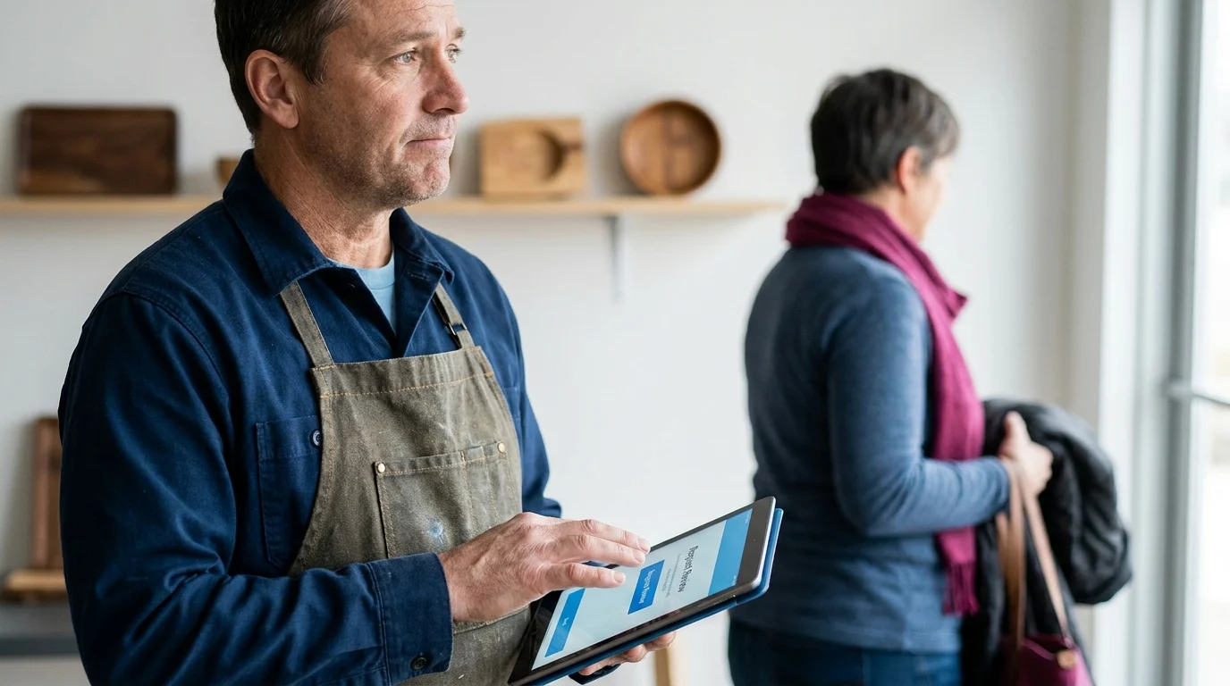 Shop owner in an apron holds a tablet showing a review request screen while a customer stands nearby