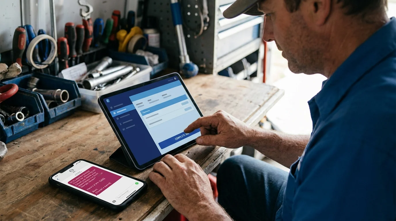 Technician in a workshop tapping "Complete Job" on a tablet, with a phone nearby showing an automated review request text message