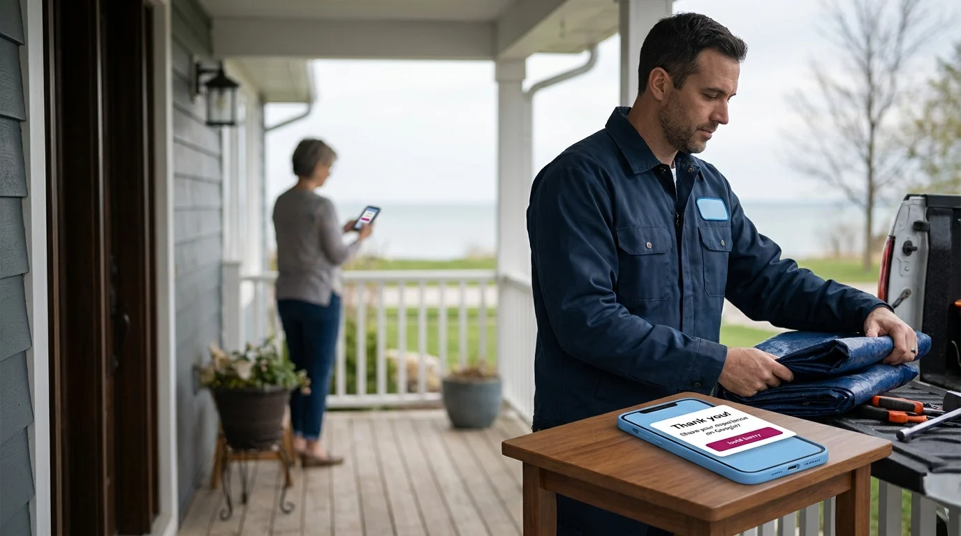 Service technician packing up while a phone displays a "Thank you, share your experience on Google" review request, homeowner nearby on porch
