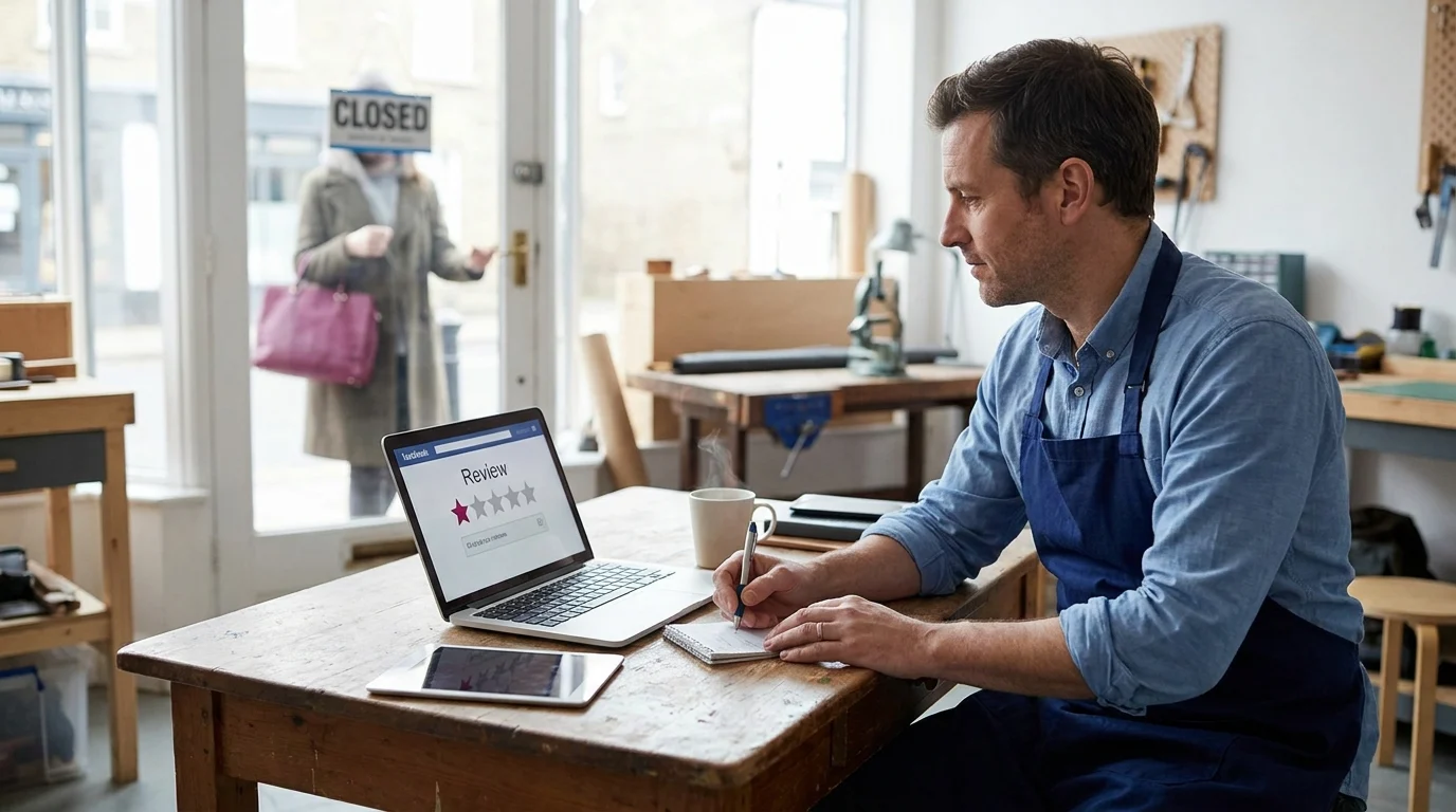 Business owner in an apron viewing a one-star review on a laptop while writing notes, shop closed behind him