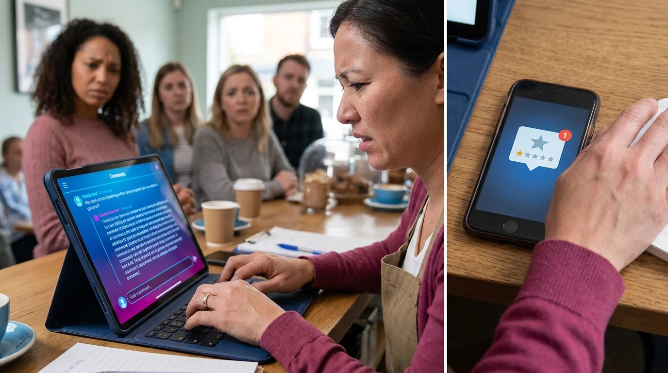 Business owner typing a response to a one-star review while concerned staff look on, and a phone showing a new low-star review notification
