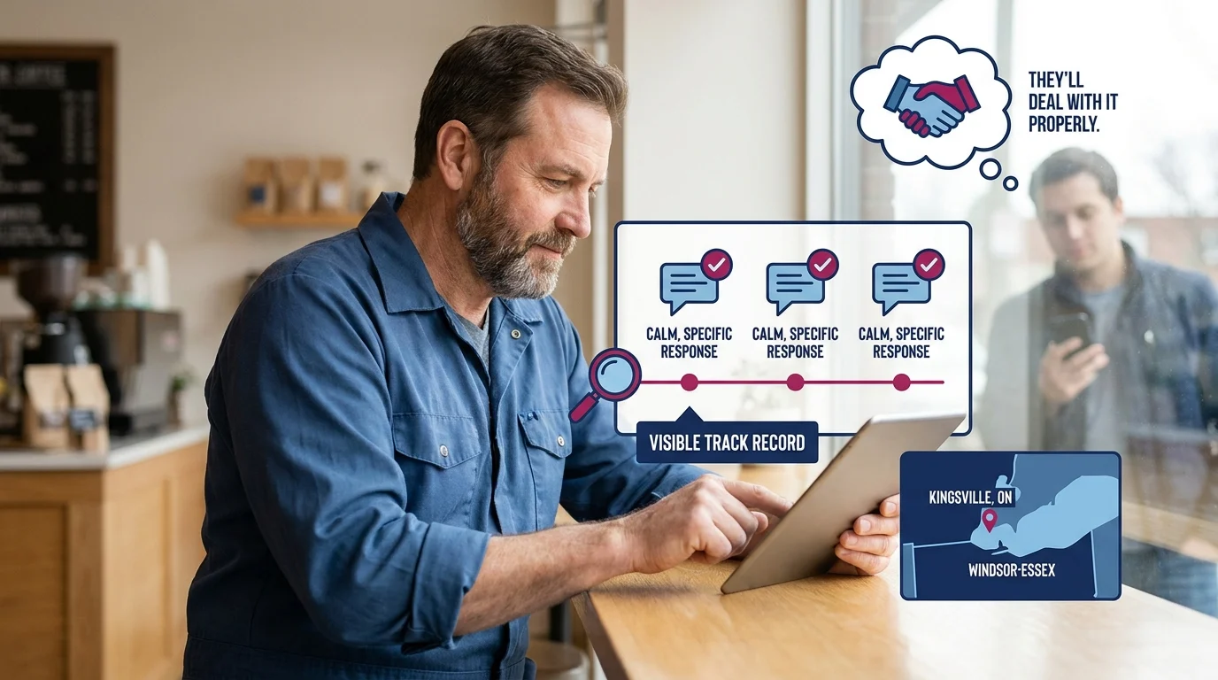 Illustration showing a business owner replying calmly to reviews, building a visible track record that reassures potential customers, with Kingsville, ON in the Windsor-Essex area highlighted