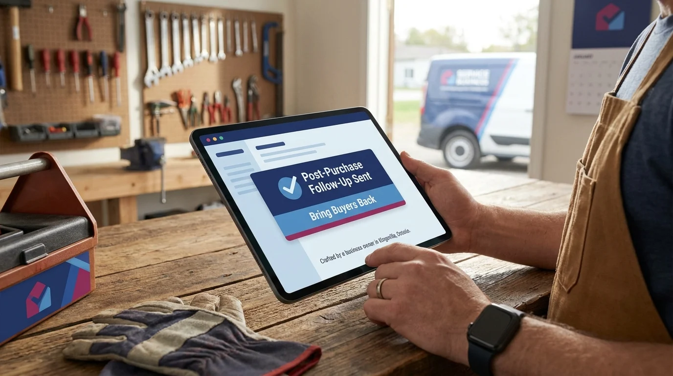 A local service business owner in a workshop reviews a tablet showing a post-purchase follow-up email confirmation to bring buyers back