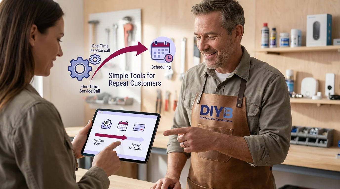 A local service business owner reviews a tablet showing simple tools to convert one-time buyers into repeat customers through scheduling and follow-up