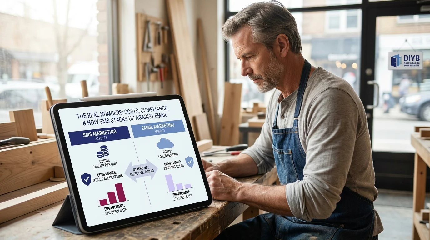 Small business owner in a woodworking shop reviewing a tablet infographic comparing SMS marketing (98% open rate, strict compliance) vs. email marketing (20% open rate, lower cost)