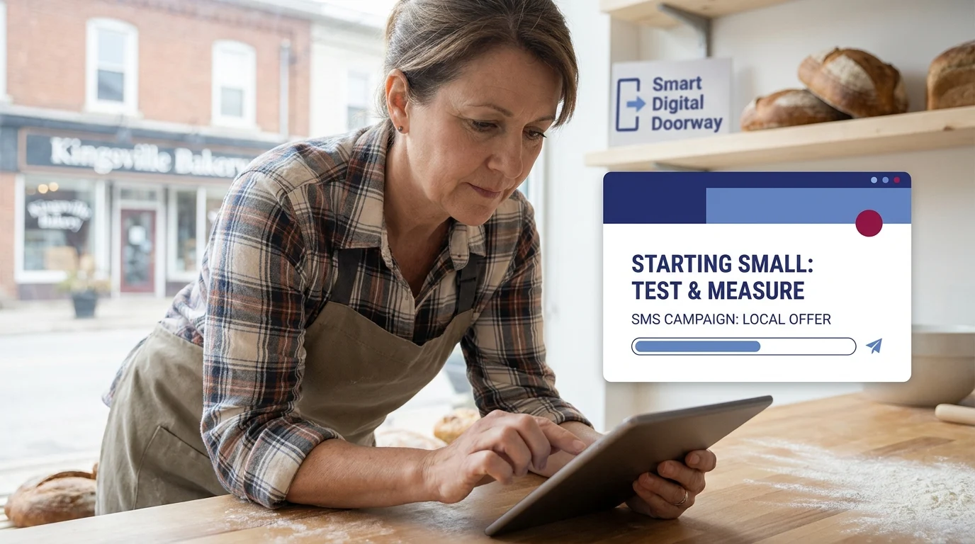 A bakery owner uses a tablet to set up a local SMS marketing campaign, illustrated by an overlay reading Starting Small: Test & Measure, SMS Campaign: Local Offer