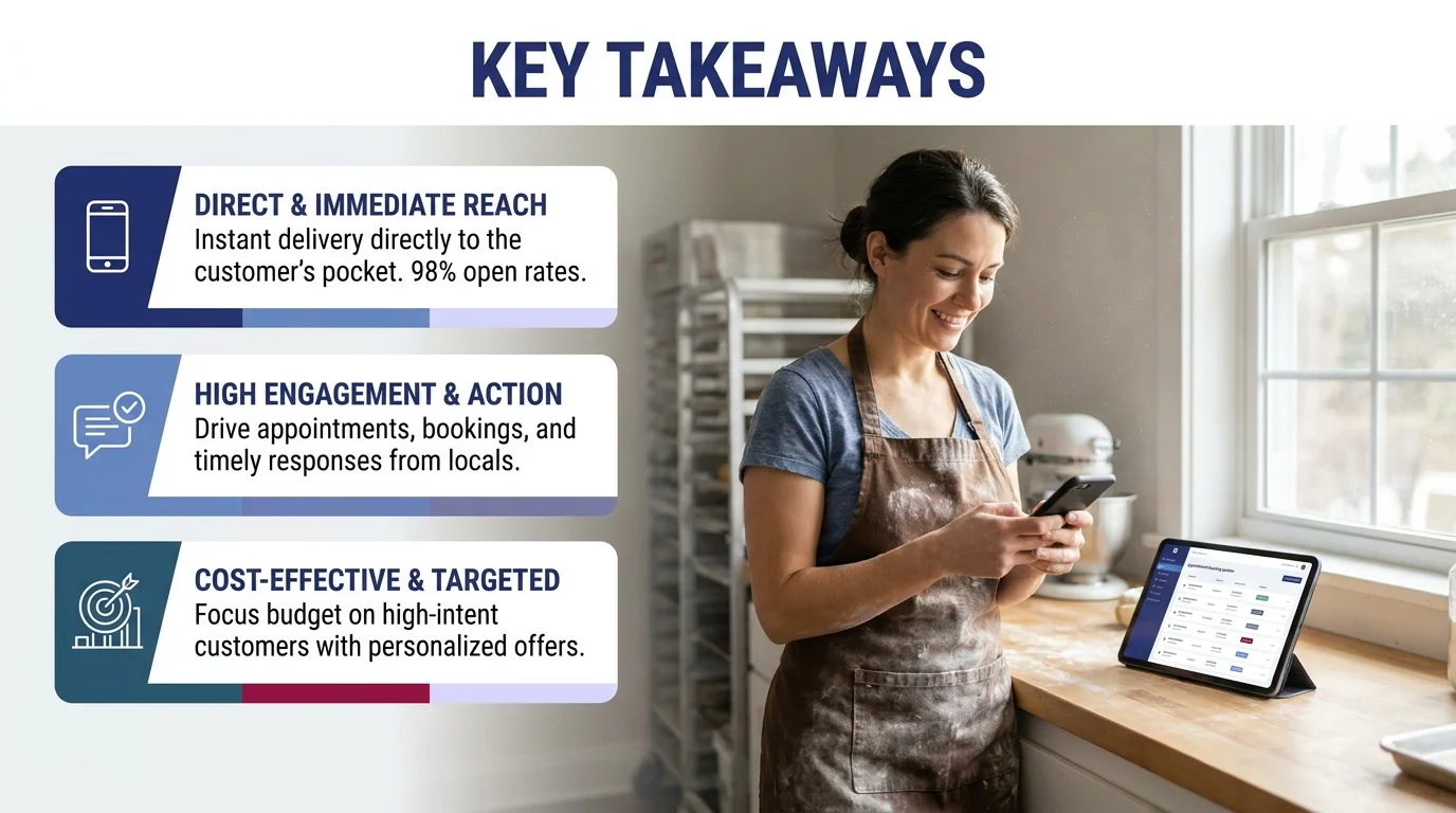 Key Takeaways infographic on SMS marketing: Direct & Immediate Reach (98% open rates), High Engagement & Action, and Cost-Effective & Targeted messaging for small businesses