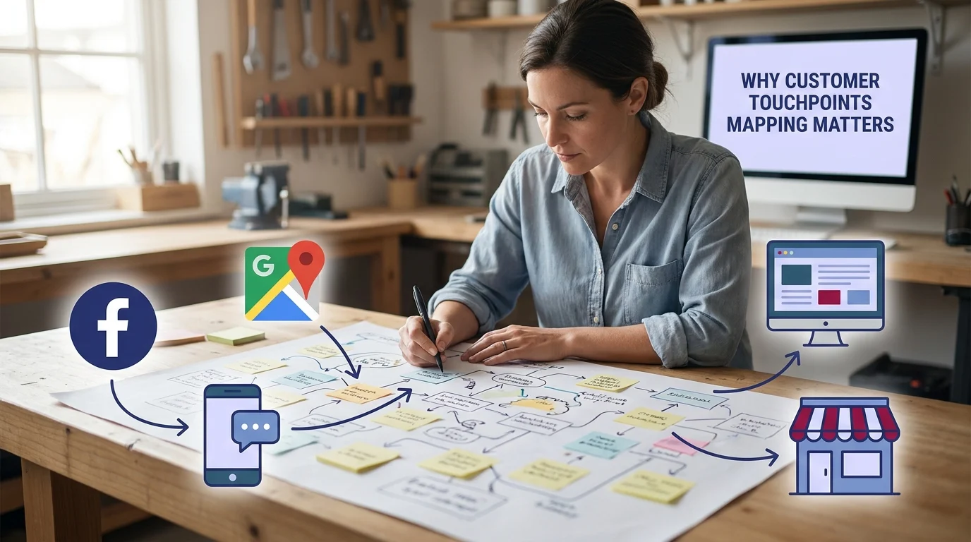 Local business owner mapping customer touchpoints on paper, with icons representing Facebook, Google Maps, mobile messaging, website, and a storefront