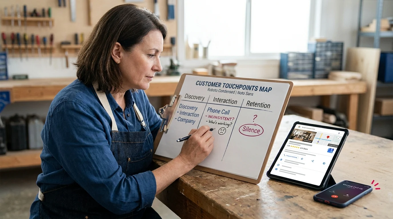 Local business owner in a workshop filling out a Customer Touchpoints Map clipboard, noting gaps like inconsistent phone calls and silence in the Retention column