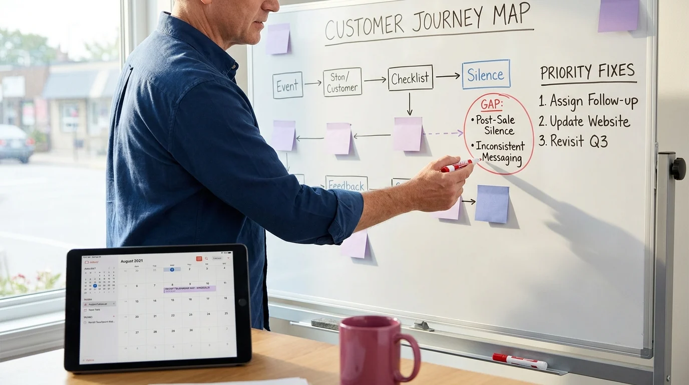 Business owner mapping a customer journey on a whiteboard, highlighting gaps like post-sale silence and inconsistent messaging, with priority fixes listed