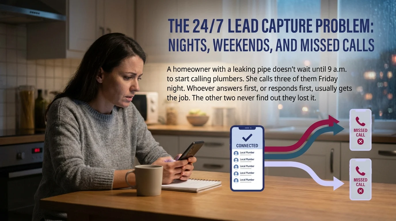 Infographic showing a woman searching for plumbers late at night; one business connects while two others show missed calls, illustrating lost leads after hours