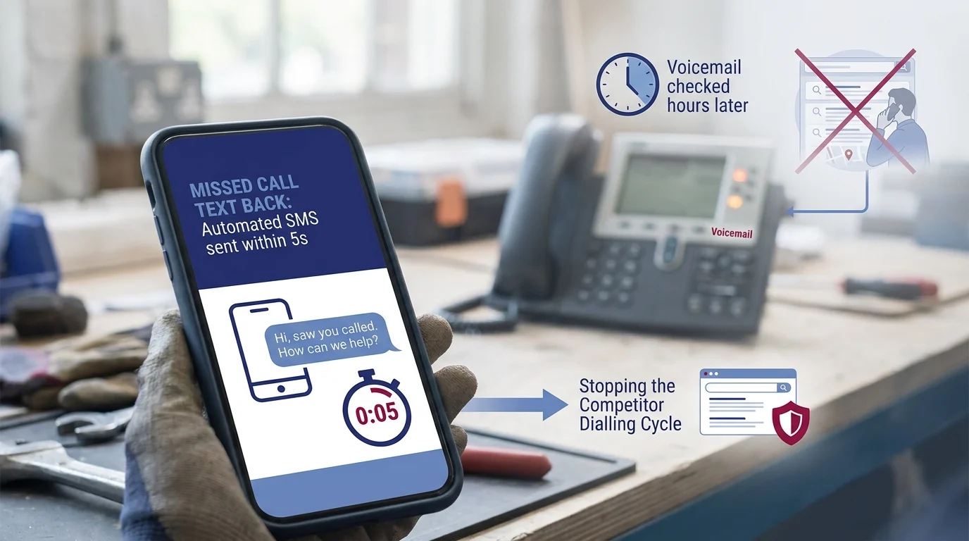 Missed call text back sends an SMS in 5 seconds to stop the competitor dialing cycle, unlike voicemail checked hours later