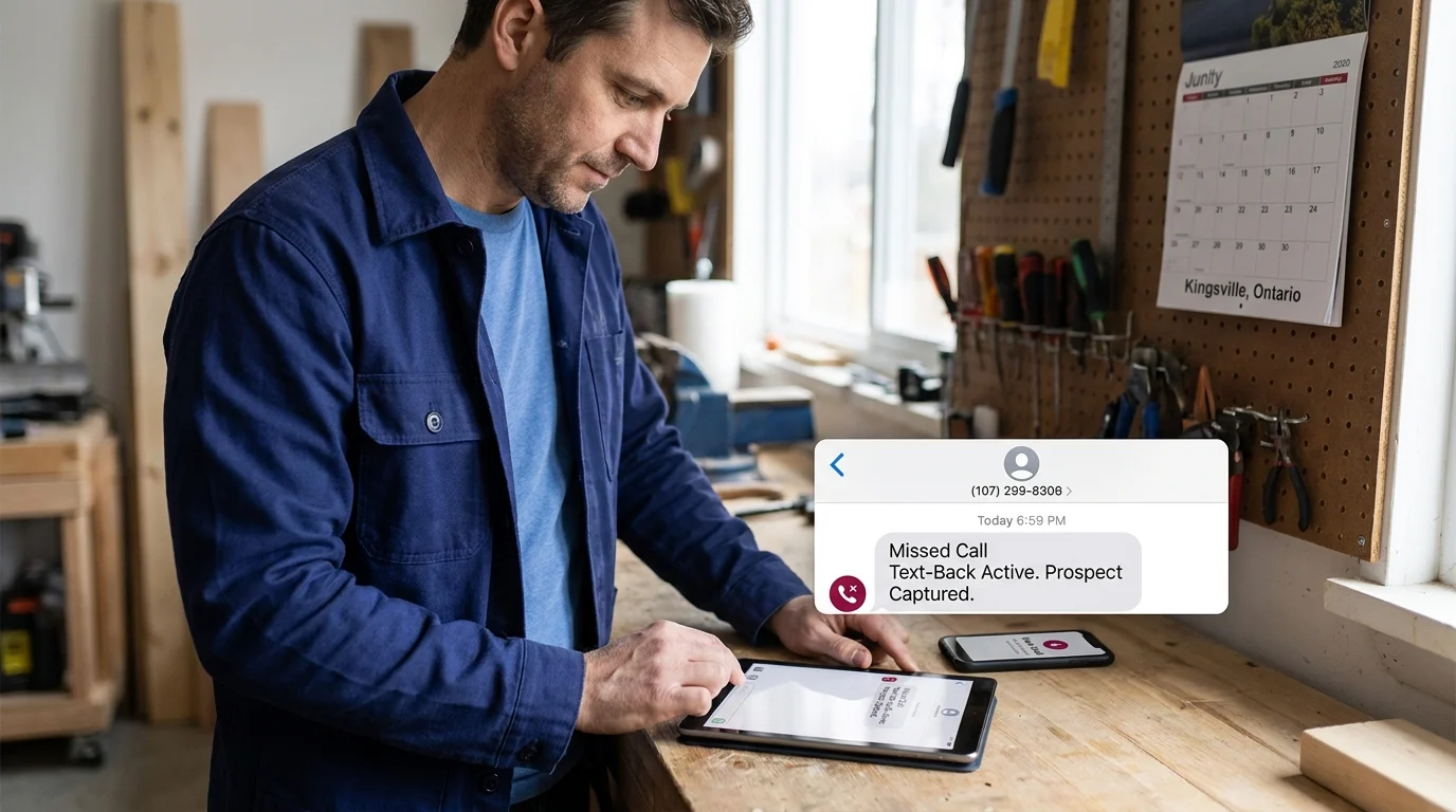 Tradesperson in a workshop with a text notification: Missed Call Text-Back Active. Prospect Captured