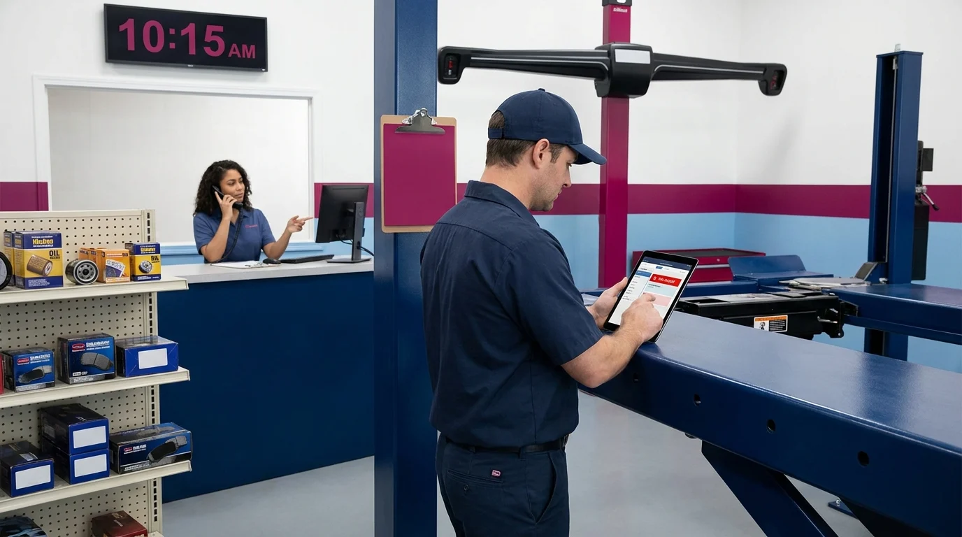 Auto repair shop with an empty service bay at 10:15 AM; front desk staff on phone while a technician checks a tablet schedule