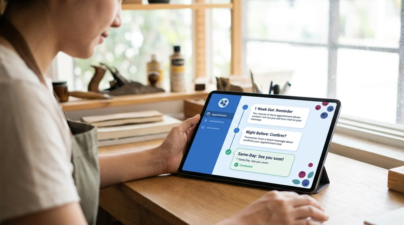 Tablet showing automated appointment reminders sent one week out, night before, and same-day to reduce no-shows