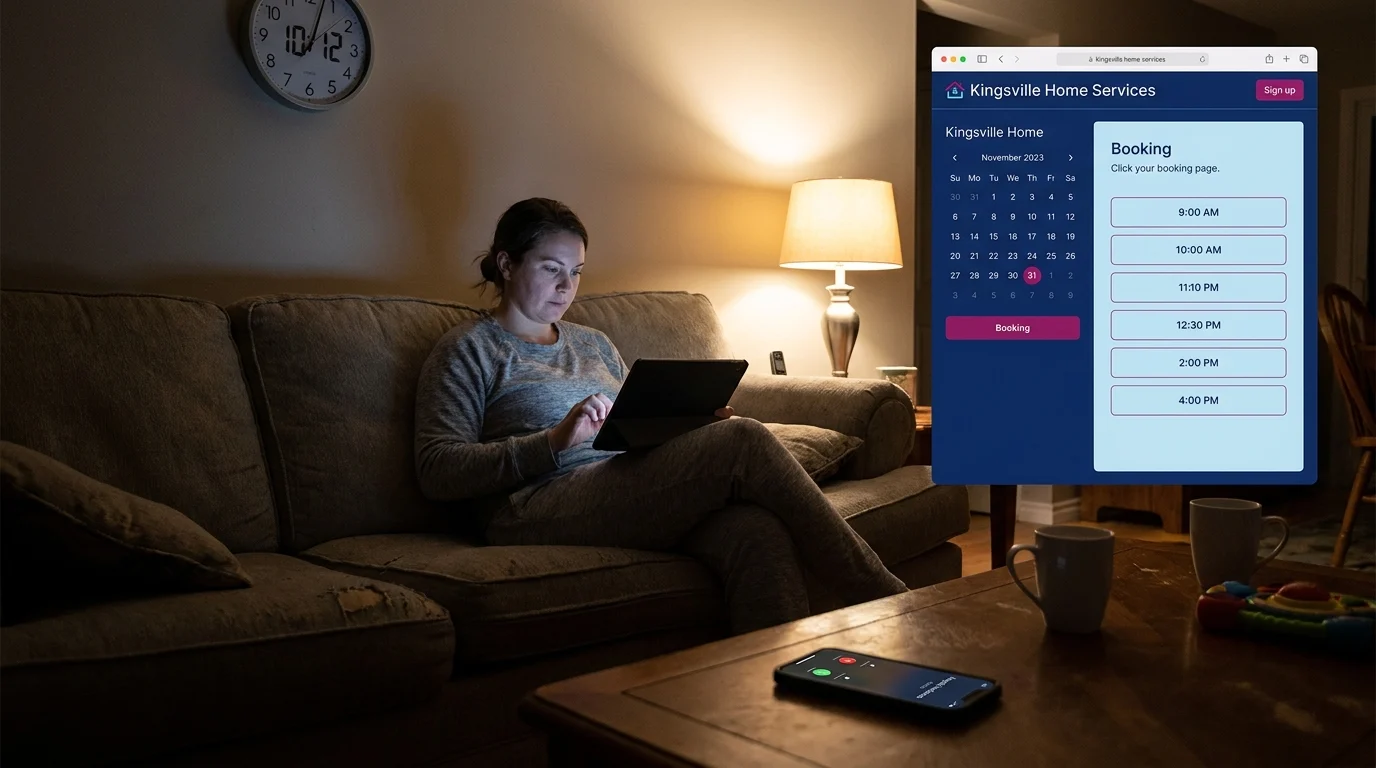 Woman on her couch late at night booking a home service appointment online via tablet, with an incoming phone call left unanswered