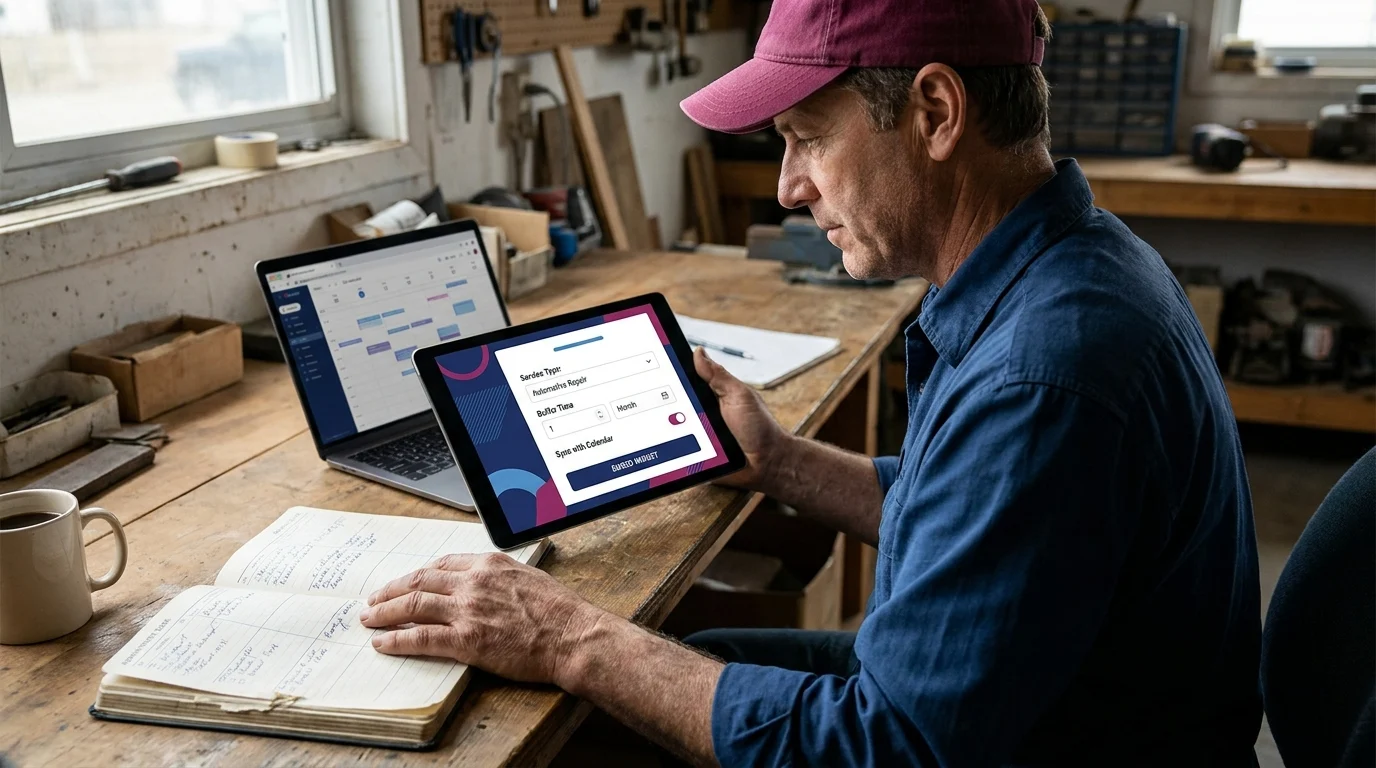 Shop owner comparing a paper appointment book with an online booking form on a tablet, laptop calendar visible nearby