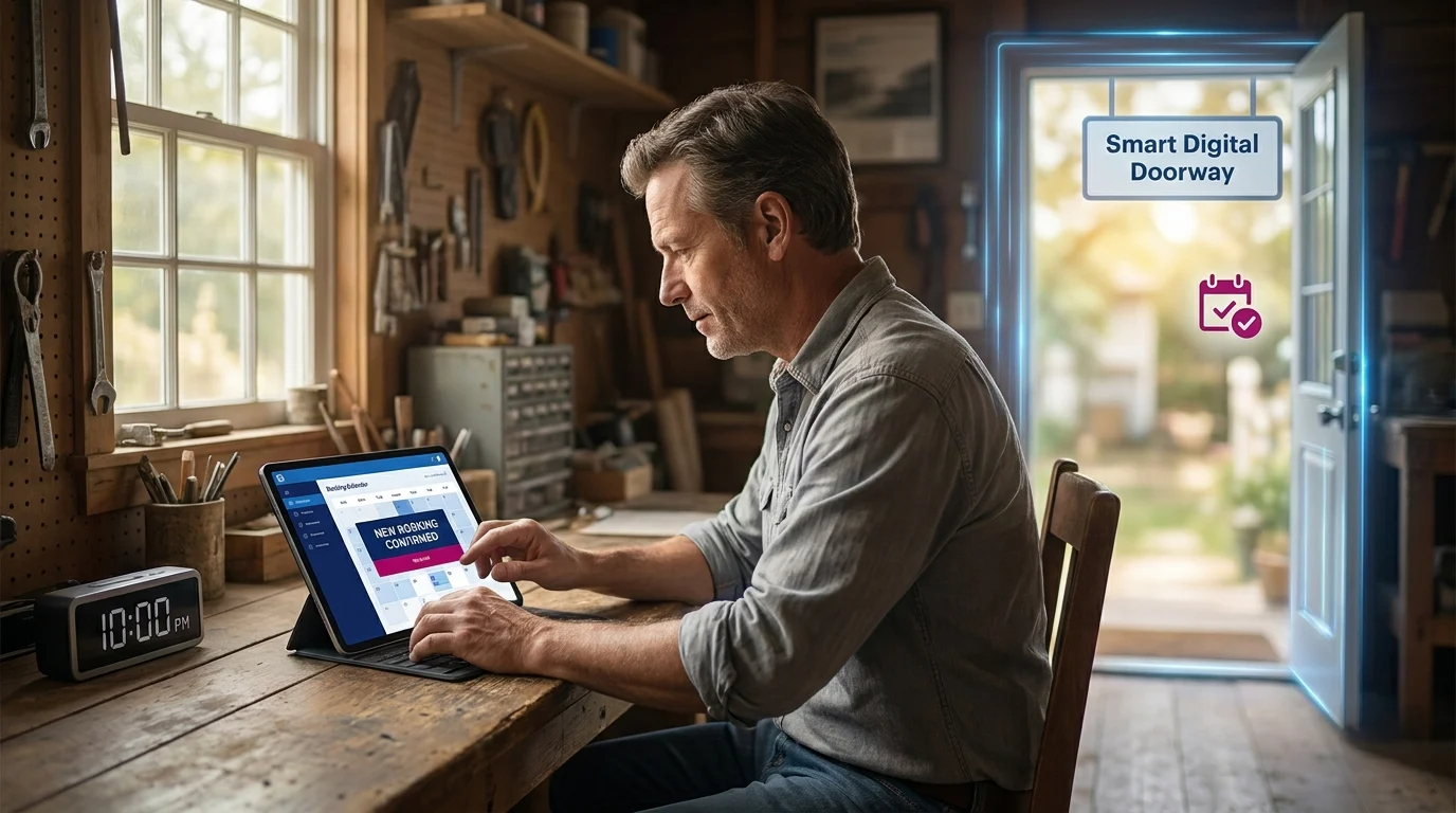 Tradesman in a workshop checks a new booking confirmation on a tablet at 10:00 PM, beside an open door labeled “Smart Digital Doorway