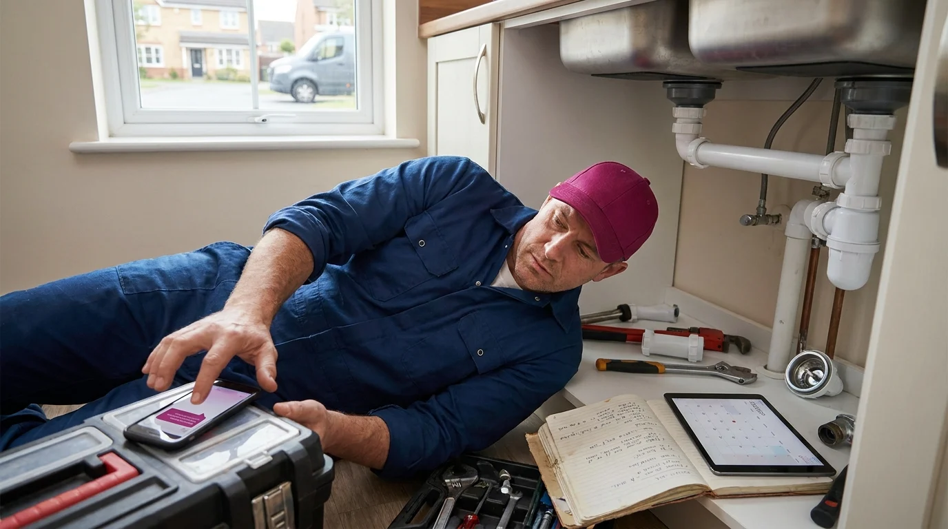 Plumber lying under a sink checking his phone amid tools, a notebook, and a tablet, juggling job work and follow-up tasks