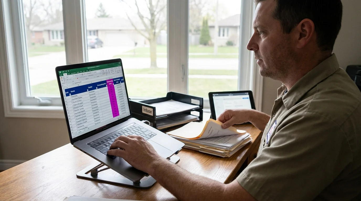 Tradesperson at desk reviewing a spreadsheet follow-up tracker on a laptop while sorting paper job files