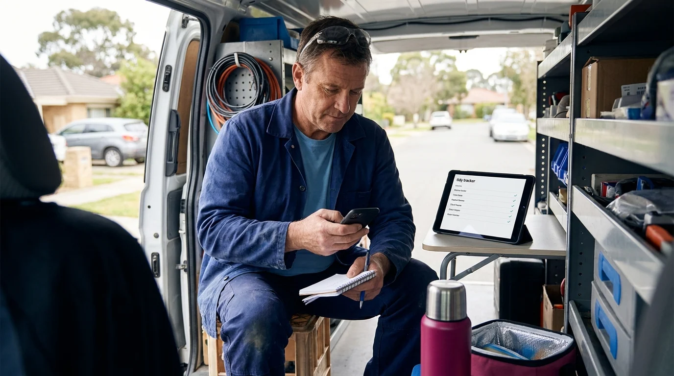 Tradesperson sitting in his work van, checking his phone and writing notes while a tablet nearby shows a task tracker with checked-off items