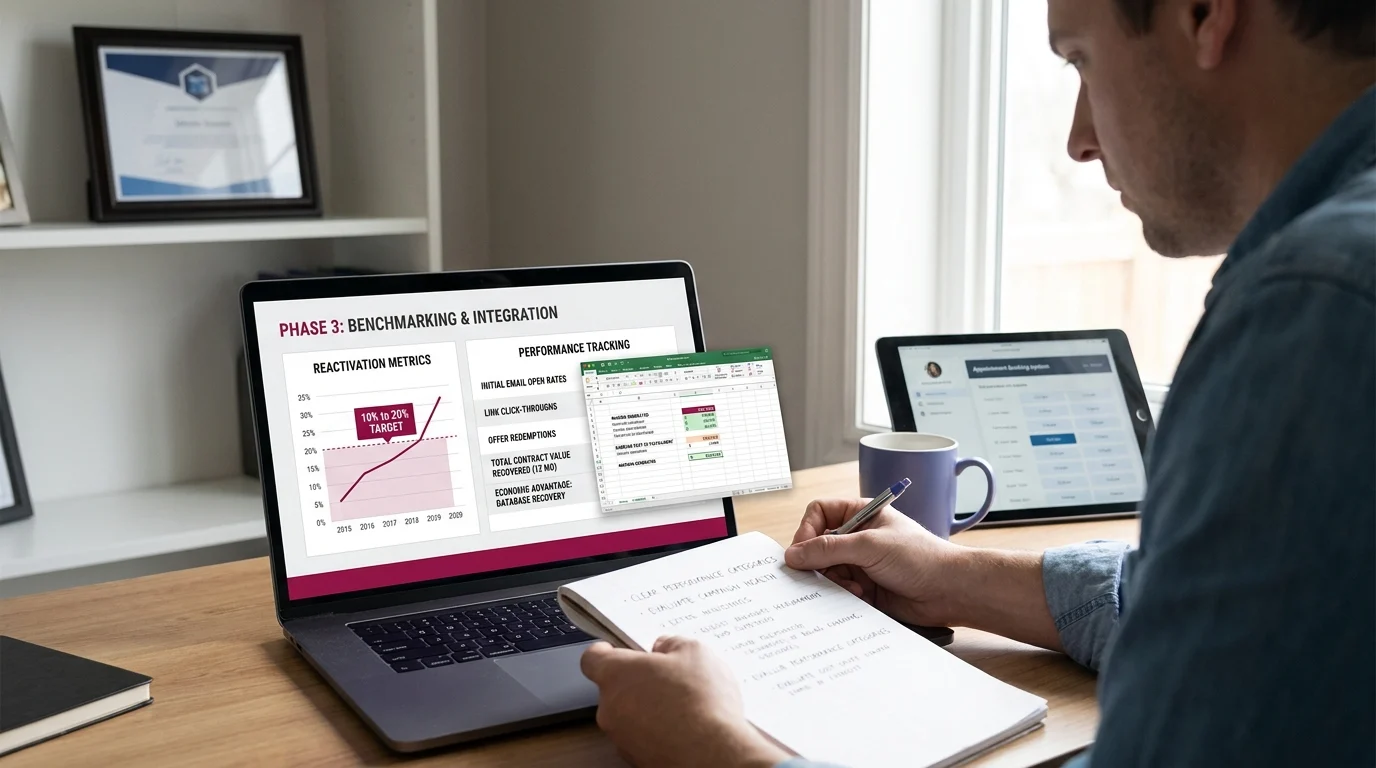 A person reviews benchmarking and integration data for a win-back campaign on a laptop while taking notes