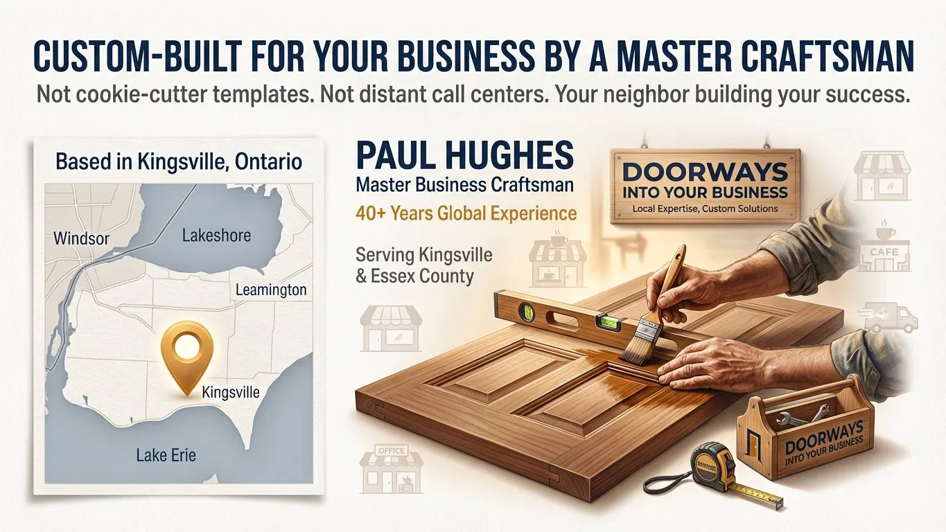 Doorways Into Your Business toolbox and map highlighting the service area in Kingsville and Windsor-Essex County